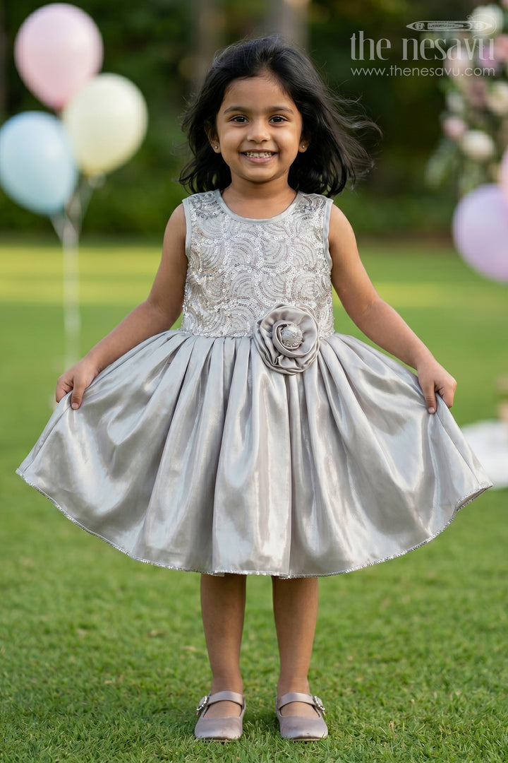 The Nesavu Girls Fancy Party Frock Baby Girl Party Frock for Birthday and Special Occasions Nesavu 16 (1Y) / Silver / Shimmer PF298A-16 Nesavu Baby Girl Silver Party Frock For Birthday Shimmer Dress With Designer Embroidery Yoke