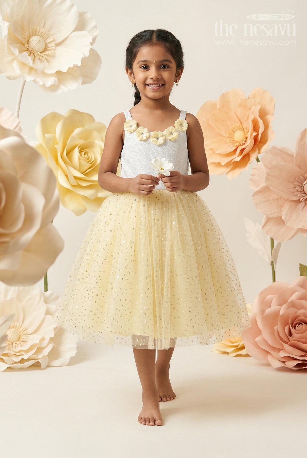 The Nesavu Girls Fancy Party Frock Baby Girl Party Frock for Birthdays and Evening Celebrations Nesavu 14 (6M) / Yellow / Shimmer PF297C-14 Nesavu Baby Girl Party Frock For Birthdays And Evening Celebrations With Shimmer Bodice And Soft Net Flare