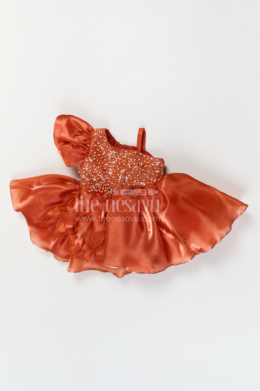 The Nesavu Girls Fancy Party Frock Baby Girl Party Frock for Birthdays and Special Celebrational Event Nesavu 16 (1Y) / Orange / Satin PF296A-16 Nesavu baby girl satin party frock with bead embroidery for birthdays and special celebrations