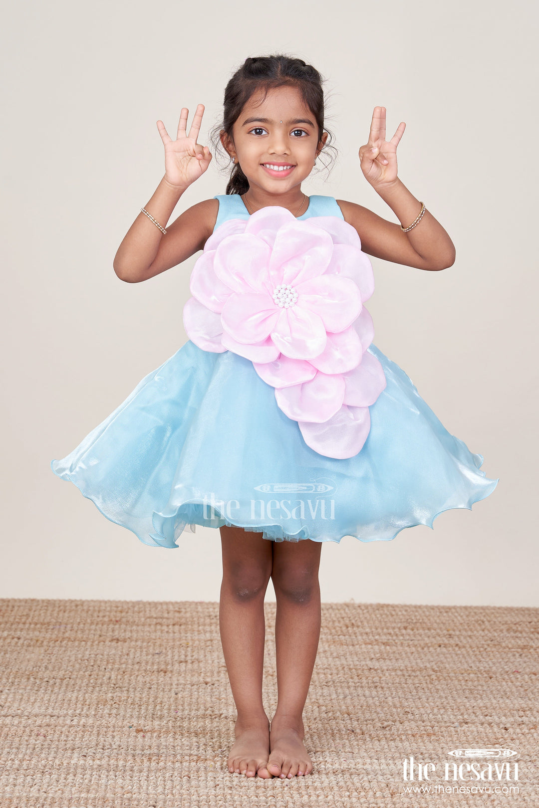 The Nesavu Girls Fancy Party Frock Baby Girl Party Frock for Birthdays and Special Occasions Nesavu 16 (1Y) / Blue PF254A-16 Nesavu baby girl party frock oversized floral embellishment birthdays photoshoots