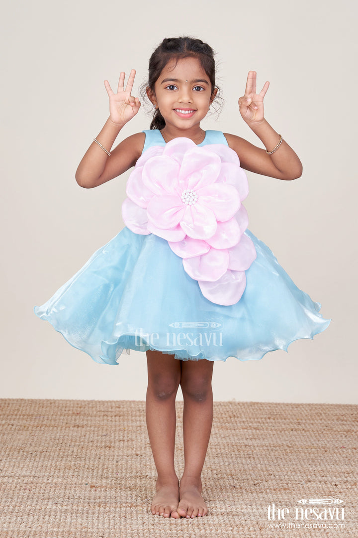 The Nesavu Girls Fancy Party Frock Baby Girl Party Frock for Birthdays and Special Occasions Nesavu 16 (1Y) / Blue PF254A-16 Nesavu baby girl party frock oversized floral embellishment birthdays photoshoots