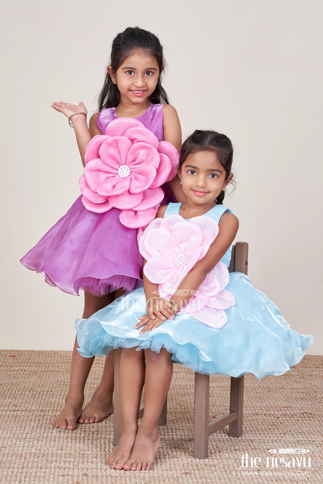 The Nesavu Girls Fancy Party Frock Baby Girl Party Frock for Birthdays and Special Occasions Nesavu Nesavu baby girl party frock oversized floral embellishment birthdays photoshoots