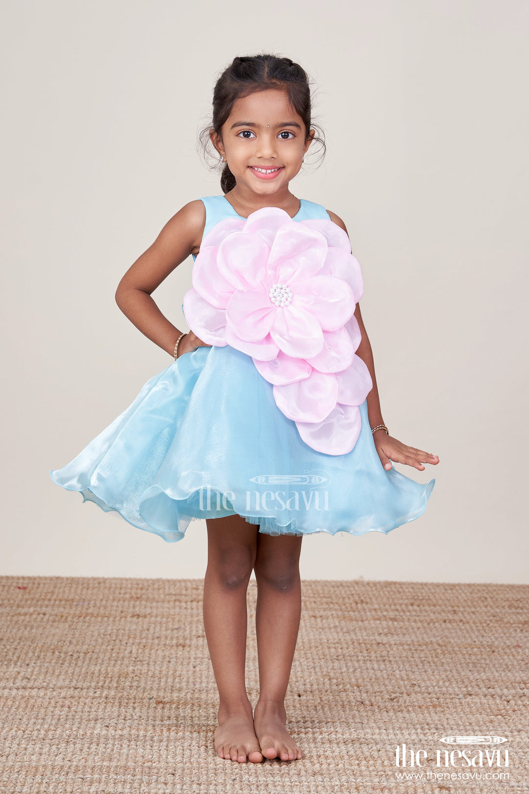 The Nesavu Girls Fancy Party Frock Baby Girl Party Frock for Birthdays and Special Occasions Nesavu Nesavu baby girl party frock oversized floral embellishment birthdays photoshoots