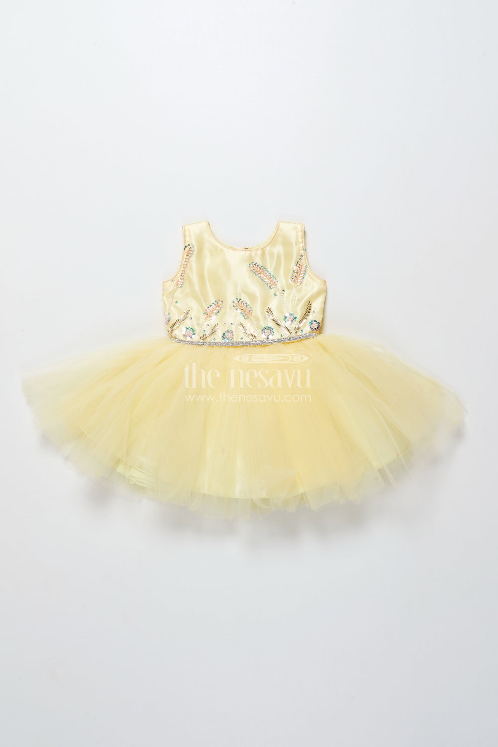 The Nesavu Girls Fancy Party Frock Baby Girl Party Frock with Beaded Yoke and Fluffy Net Skirt Nesavu 16 (1Y) / Yellow SF1060A-16 Nesavu baby girl yellow party frock with bead-embellished satin bodice and net skirt