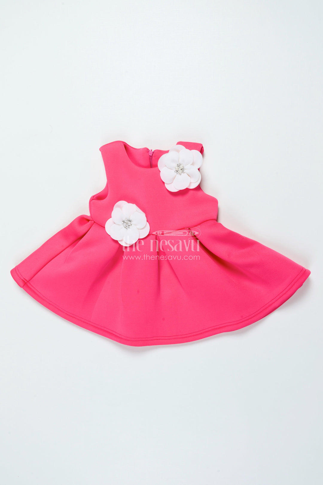 The Nesavu Girls Fancy Party Frock Baby Girl Party Frock with Floral Embellishments for Birthdays Nesavu 14 (6M) / Pink PF259A-14 Nesavu baby girl birthday party frock floral detailing soft scuba fabric