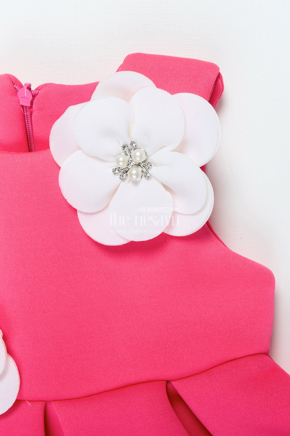 The Nesavu Girls Fancy Party Frock Baby Girl Party Frock with Floral Embellishments for Birthdays Nesavu Nesavu baby girl birthday party frock floral detailing soft scuba fabric