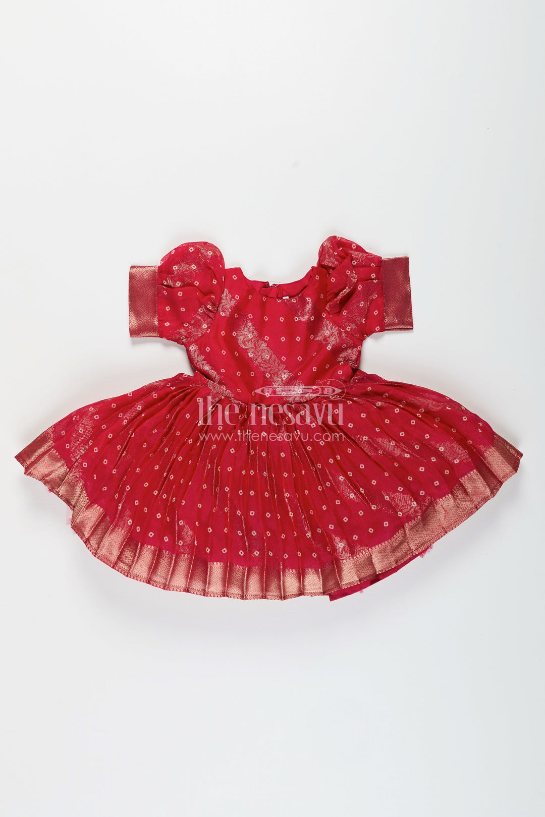 The Nesavu Girls Fancy Party Frock Baby Girl Party Frock with Jacquard Border for Festive Celebrations Nesavu 18 (2Y) / Red SF1056A-18 Nesavu baby girl georgette jacquard party frock zari border festive occasions