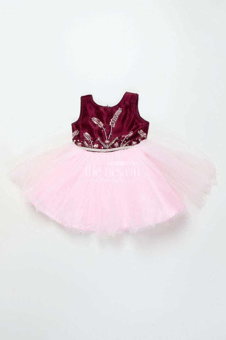 The Nesavu Girls Fancy Party Frock Baby Girl Party Frock with Satin Embroidery for Birthday and Evening Events Nesavu 18 (2Y) / Pink PF282A-18 Nesavu baby girl soft net party frock satin embroidery birthdays special evenings