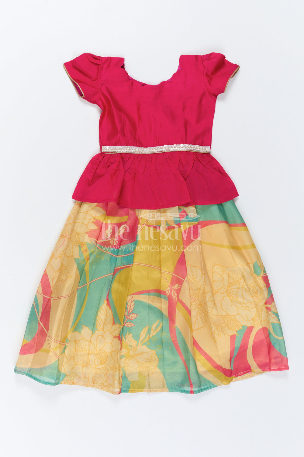 The Nesavu Pattu Pavadai Baby Girl Pattu Pavadai Dress for Festive Family Moments Nesavu 18 (2Y) / Pink / Semi Banarasi GPP391A-18 Nesavu Baby Girl Pattu Pavadai Dress With Floral Digital Print For Festive Celebrations