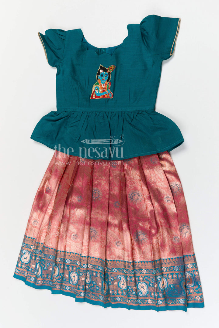 The Nesavu Pattu Pavadai Baby Girl Pattu Pavadai for Festivals and Family Celebrations Nesavu 18 (2Y) / Blue / Banarasi GPP378A-18 Nesavu baby girl pattu pavadai for festivals and family celebrations with semi banaras silk flared traditional design