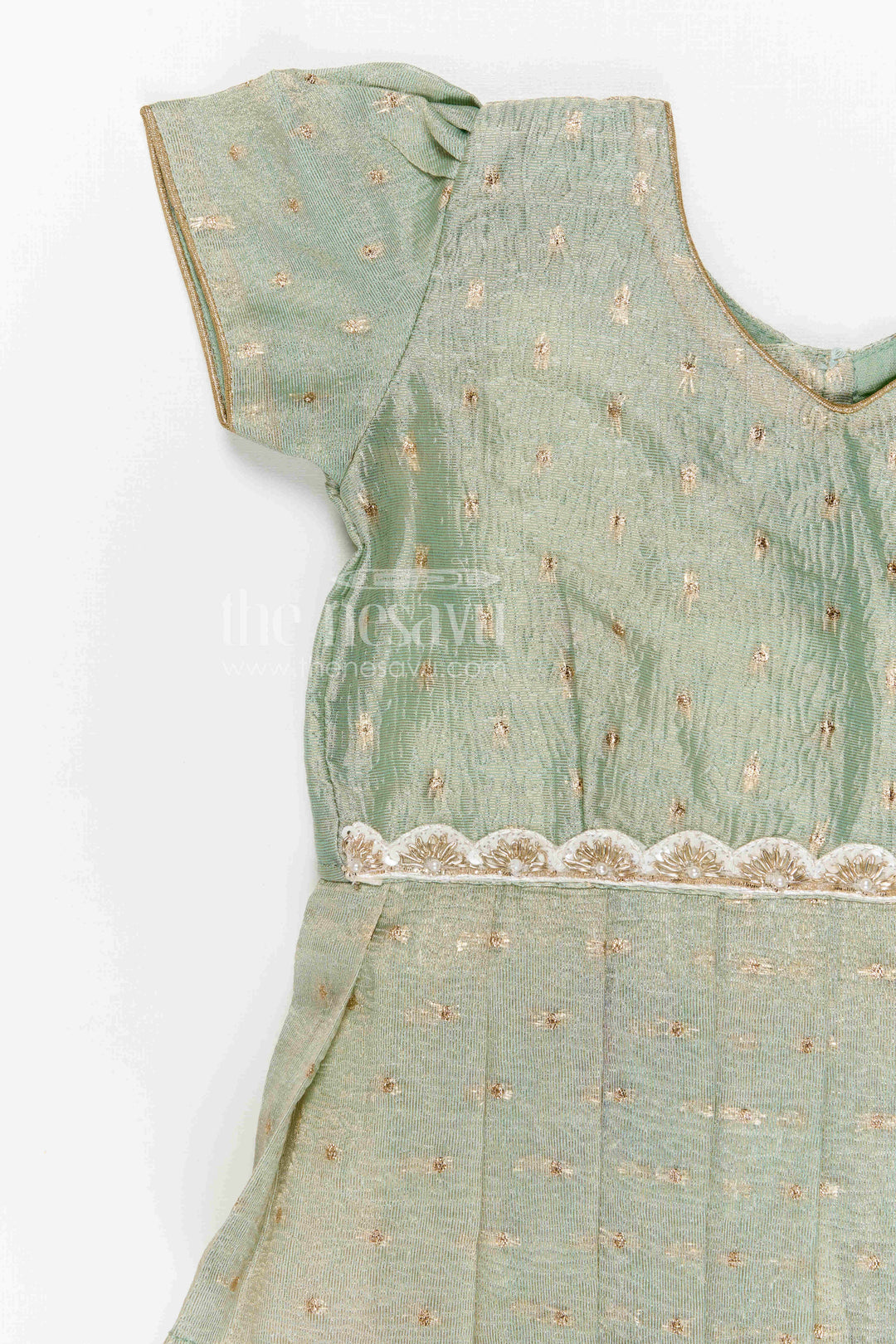 The Nesavu Pattu Pavadai Baby Girl Pattu Pavadai for Festivals and Traditional Functions Nesavu 18 (2Y) / Green / Banarasi GPP376B-18 Nesavu baby girl pattu pavadai for festivals with semi banaras silk digital print traditional ethnic wear