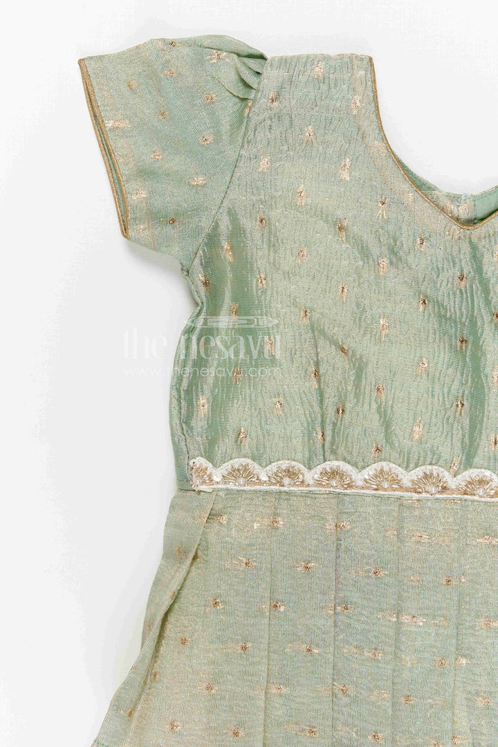 The Nesavu Pattu Pavadai Baby Girl Pattu Pavadai for Festivals and Traditional Functions Nesavu 18 (2Y) / Green / Banarasi GPP376B-18 Nesavu baby girl pattu pavadai for festivals with semi banaras silk digital print traditional ethnic wear