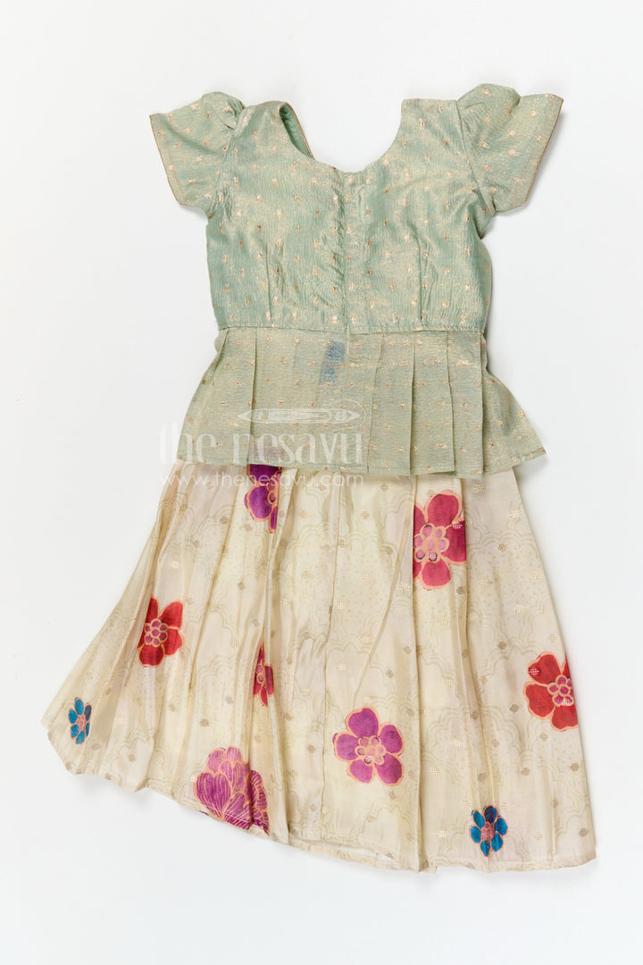 The Nesavu Pattu Pavadai Baby Girl Pattu Pavadai for Festivals and Traditional Functions Nesavu 18 (2Y) / Green / Banarasi GPP376B-18 Nesavu baby girl pattu pavadai for festivals with semi banaras silk digital print traditional ethnic wear