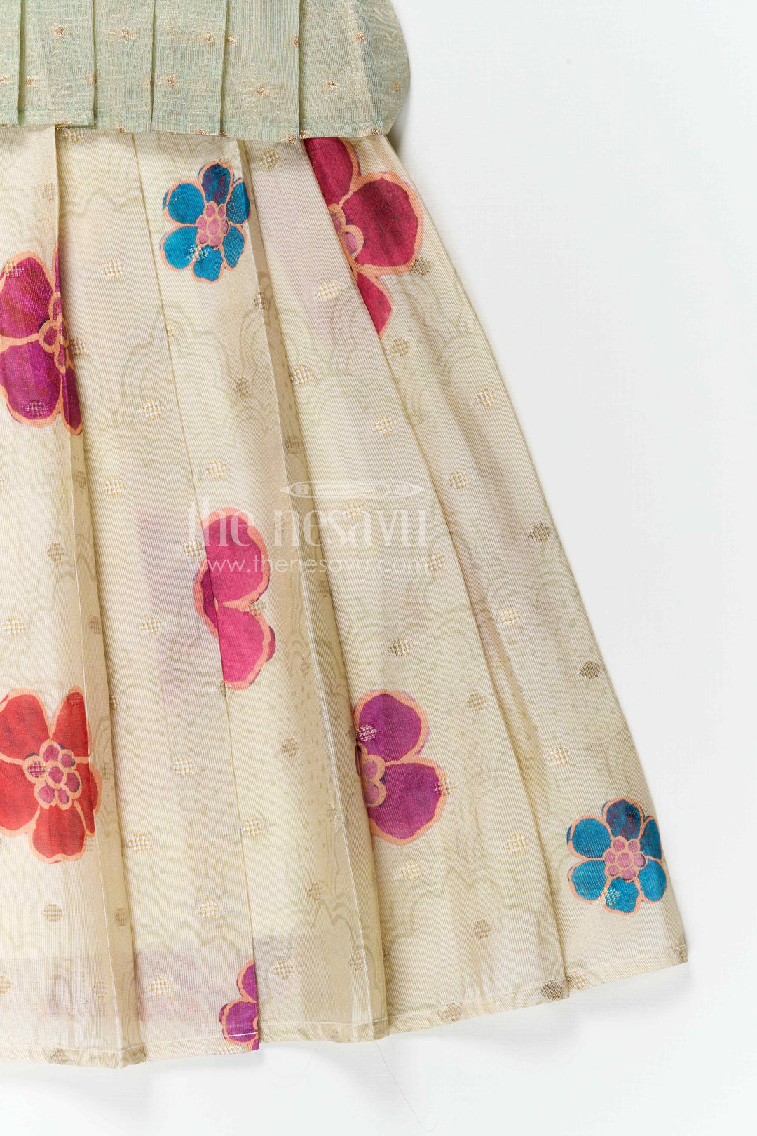 The Nesavu Pattu Pavadai Baby Girl Pattu Pavadai for Festivals and Traditional Functions Nesavu 18 (2Y) / Green / Banarasi GPP376B-18 Nesavu baby girl pattu pavadai for festivals with semi banaras silk digital print traditional ethnic wear