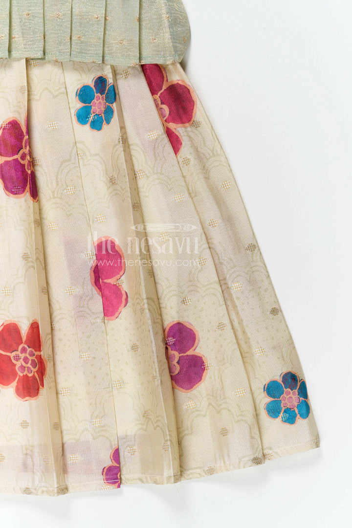 The Nesavu Pattu Pavadai Baby Girl Pattu Pavadai for Festivals and Traditional Functions Nesavu 18 (2Y) / Green / Banarasi GPP376B-18 Nesavu baby girl pattu pavadai for festivals with semi banaras silk digital print traditional ethnic wear