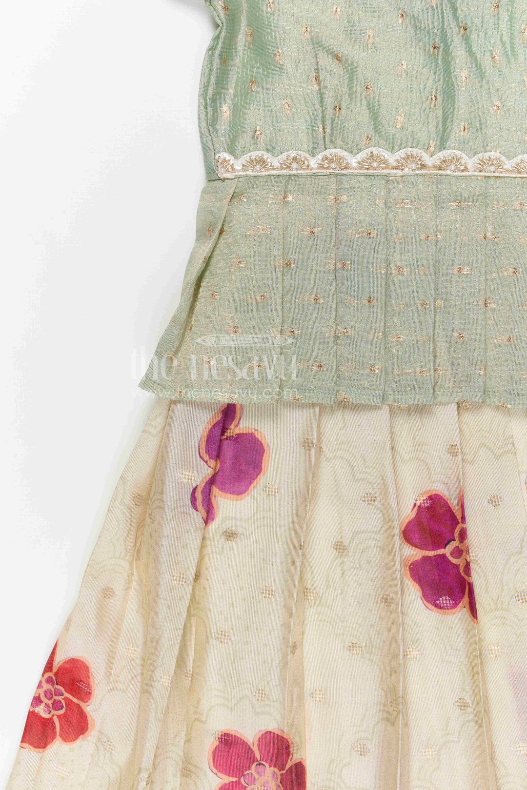 The Nesavu Pattu Pavadai Baby Girl Pattu Pavadai for Festivals and Traditional Functions Nesavu 18 (2Y) / Green / Banarasi GPP376B-18 Nesavu baby girl pattu pavadai for festivals with semi banaras silk digital print traditional ethnic wear