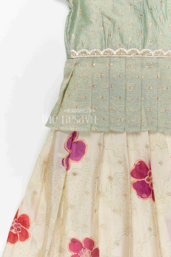 The Nesavu Pattu Pavadai Baby Girl Pattu Pavadai for Festivals and Traditional Functions Nesavu 18 (2Y) / Green / Banarasi GPP376B-18 Nesavu baby girl pattu pavadai for festivals with semi banaras silk digital print traditional ethnic wear