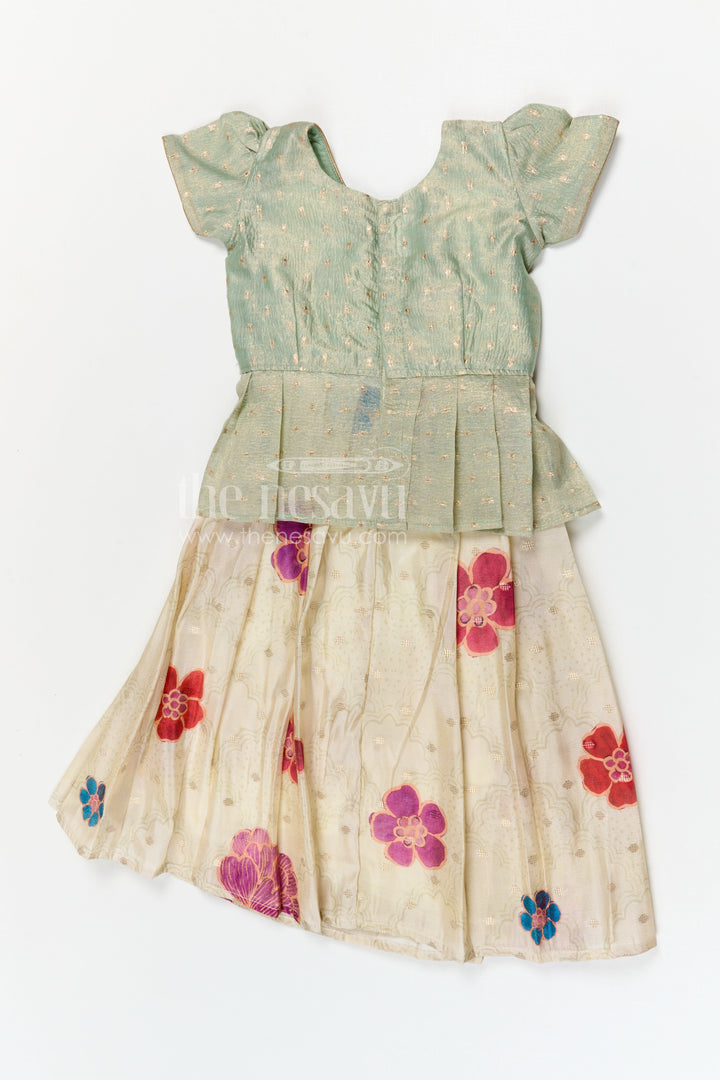 The Nesavu Pattu Pavadai Baby Girl Pattu Pavadai for Festivals and Traditional Functions Nesavu 18 (2Y) / Green / Banarasi GPP376B-18 Nesavu baby girl pattu pavadai for festivals with semi banaras silk digital print traditional ethnic wear