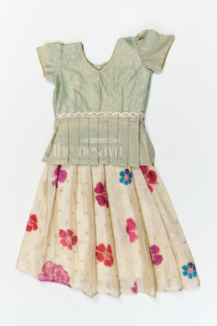 The Nesavu Pattu Pavadai Baby Girl Pattu Pavadai for Festivals and Traditional Functions Nesavu 18 (2Y) / Green / Banarasi GPP376B-18 Nesavu baby girl pattu pavadai for festivals with semi banaras silk digital print traditional ethnic wear