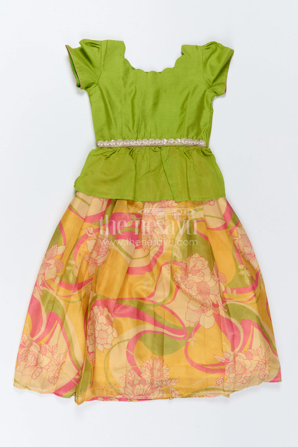 The Nesavu Pattu Pavadai Baby Girl Pattu Pavadai for Festive Family Celebrations Nesavu 18 (2Y) / Green / Semi Banarasi GPP391B-18 Nesavu Baby Girl Pattu Pavadai With Vibrant Digital Prints For Festive Family Functions