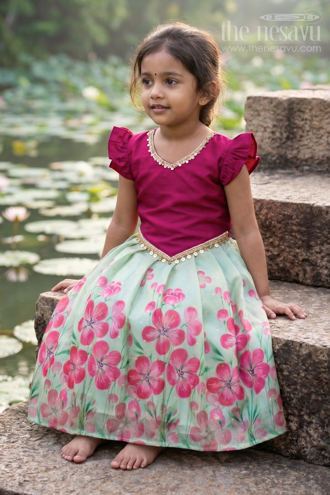 The Nesavu Pattu Pavadai Baby Girl Pattu Pavadai for Festive Occasions and Sangeeth Function Nesavu 18 (2Y) / Green / Semi Banarasi GPP389A-18 Nesavu Baby Girl Pattu Pavadai For Weddings Semi Banaras Silk With Digital Print Festive Outfit