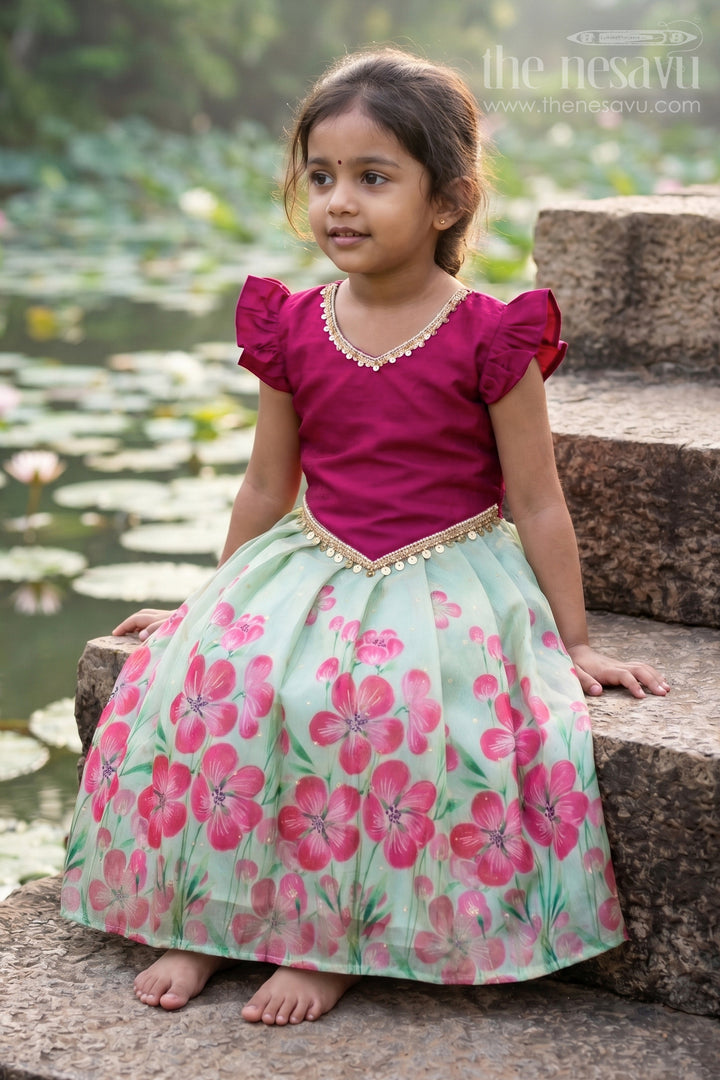 The Nesavu Pattu Pavadai Baby Girl Pattu Pavadai for Festive Occasions and Sangeeth Function Nesavu 18 (2Y) / Green / Semi Banarasi GPP389A-18 Nesavu Baby Girl Pattu Pavadai For Weddings Semi Banaras Silk With Digital Print Festive Outfit