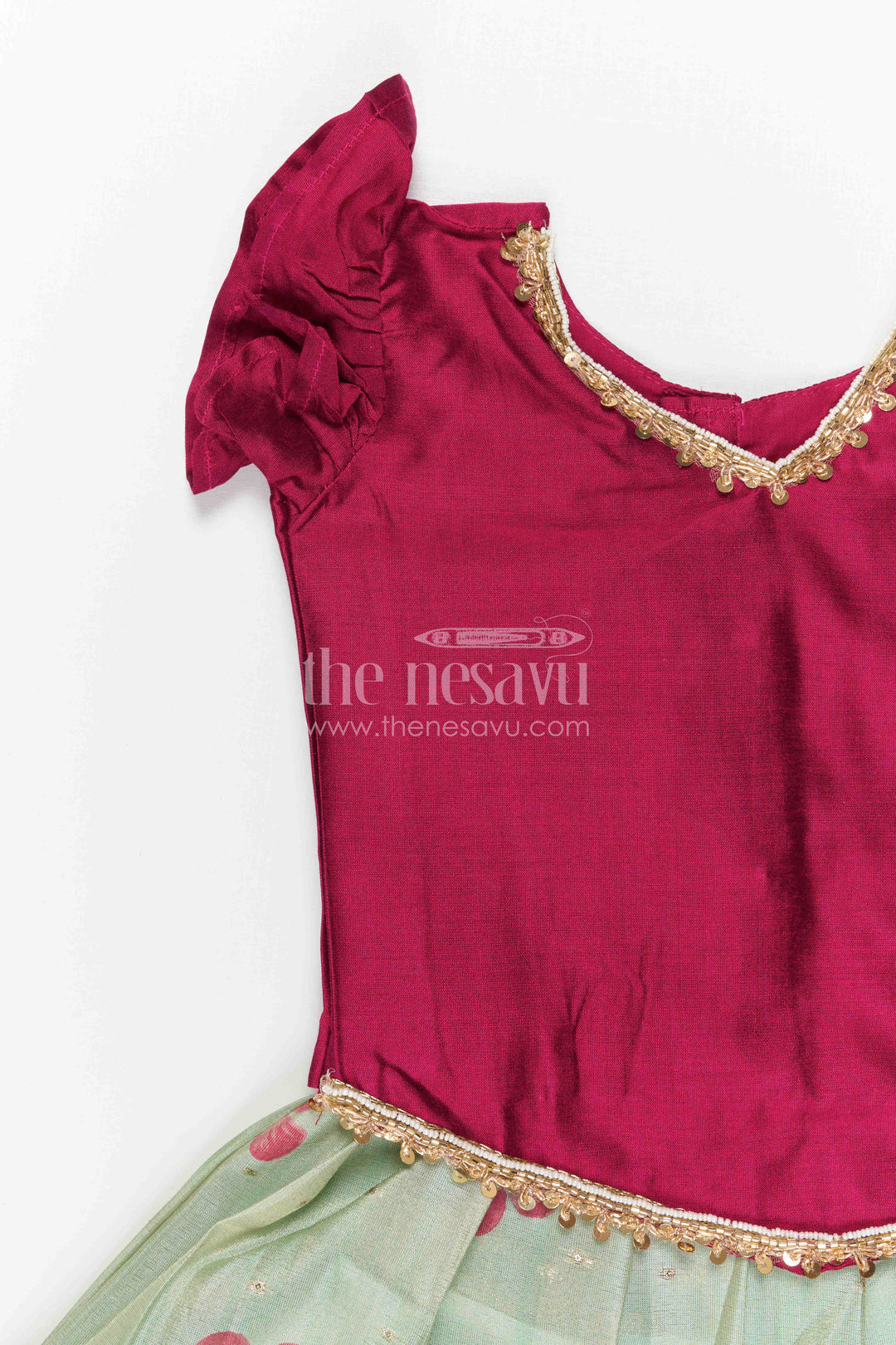 The Nesavu Pattu Pavadai Baby Girl Pattu Pavadai for Festive Occasions and Sangeeth Function Nesavu Nesavu Baby Girl Pattu Pavadai For Weddings Semi Banaras Silk With Digital Print Festive Outfit