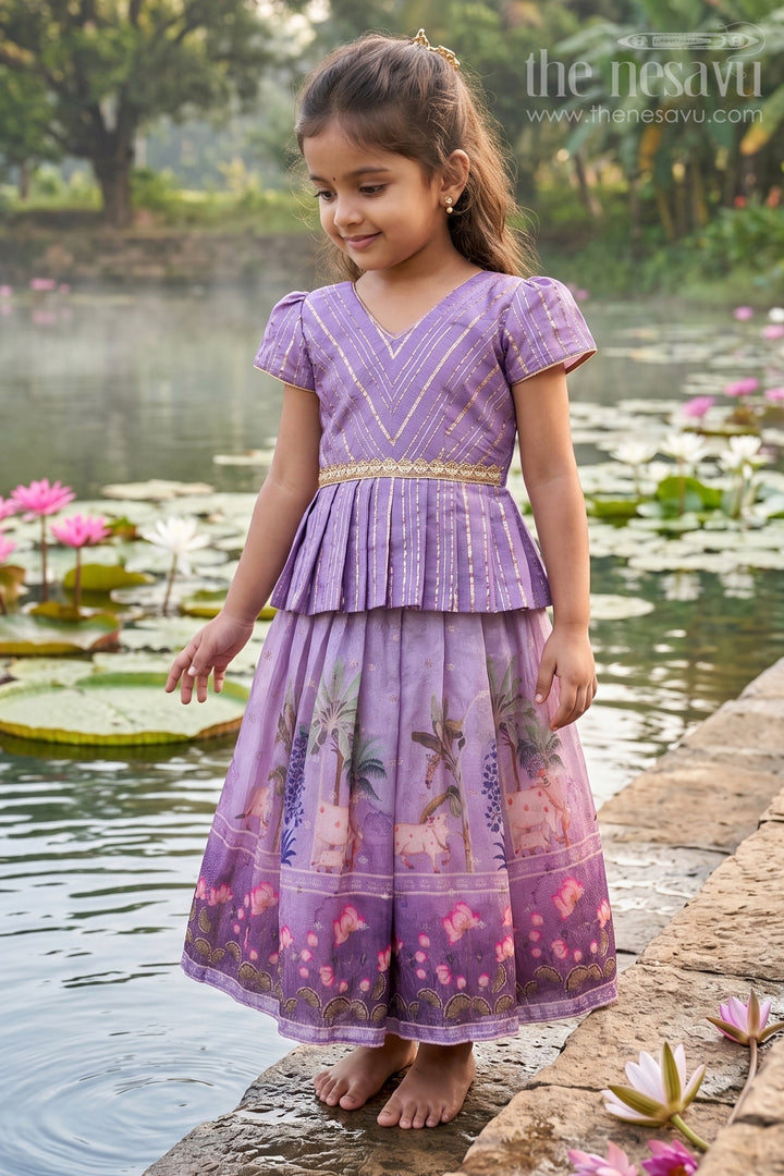 The Nesavu Pattu Pavadai Baby Girl Pattu Pavadai for Festive Occasions and Weddings Nesavu 18 (2Y) / Purple / Semi Banarasi GPP387A-18 Nesavu Baby Girl Pattu Pavadai For Weddings Semi Banaras Silk With Digital Print Festive Outfit