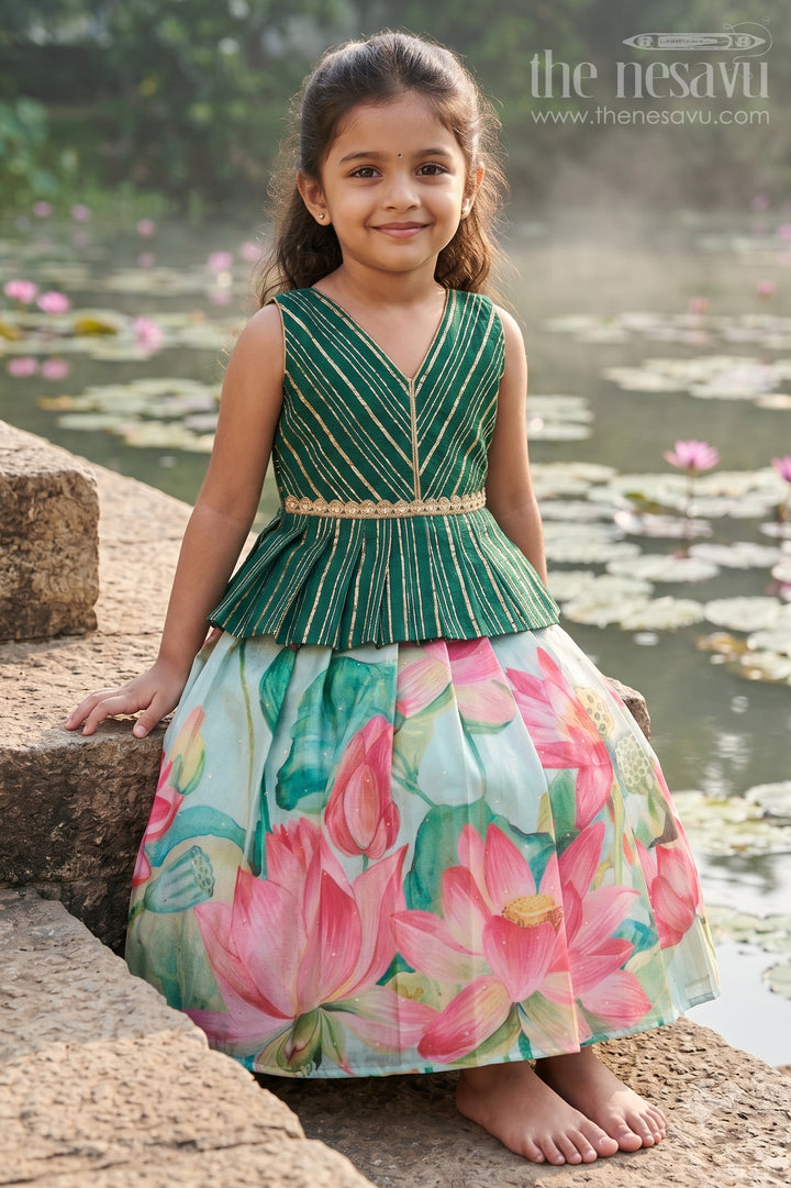 The Nesavu Pattu Pavadai Baby Girl Pattu Pavadai for Festive Wear and Traditional Functions Nesavu 18 (2Y) / Green / Semi Banarasi GPP388A-18 Nesavu Baby Girl Pattu Pavadai For Festive Wear Semi Banaras Silk With Digital Print Ethnic Outfit
