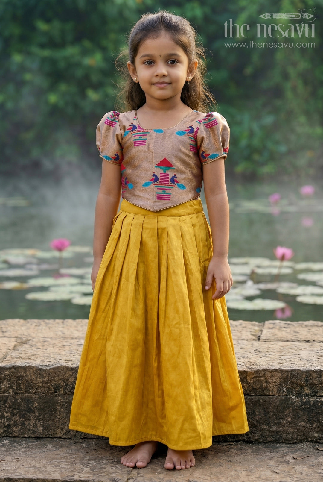 The Nesavu Pattu Pavadai Baby Girl Pattu Pavadai for Naming Ceremony and Festive Photos Nesavu 18 (2Y) / Yellow / Raw Silk GPP393A-18 Nesavu Baby Girl Pattu Pavadai With Paithani Blouse For Festive And Wedding Celebrations