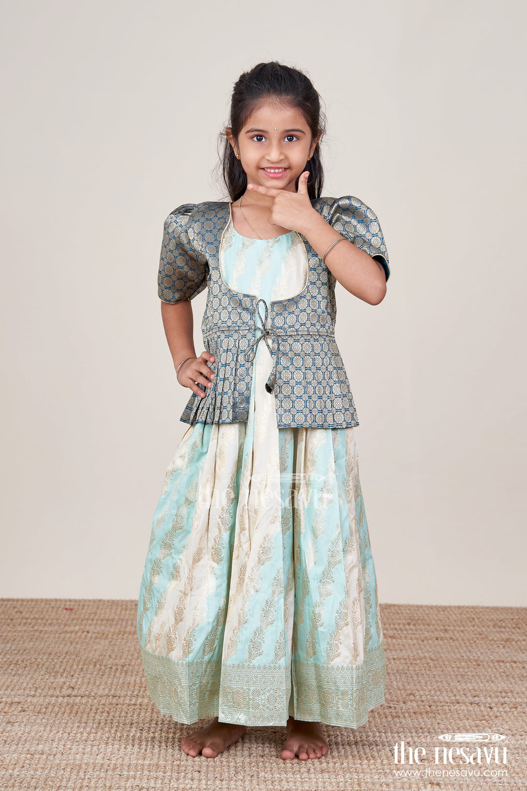 The Nesavu Pattu Pavadai Baby Girl Pattu Pavadai for Naming Ceremony and Traditional Functions Nesavu 18 (2Y) / Green GPP331A-18 Nesavu baby girl pattu pavadai semi Banaras silk jacket blouse naming ceremony