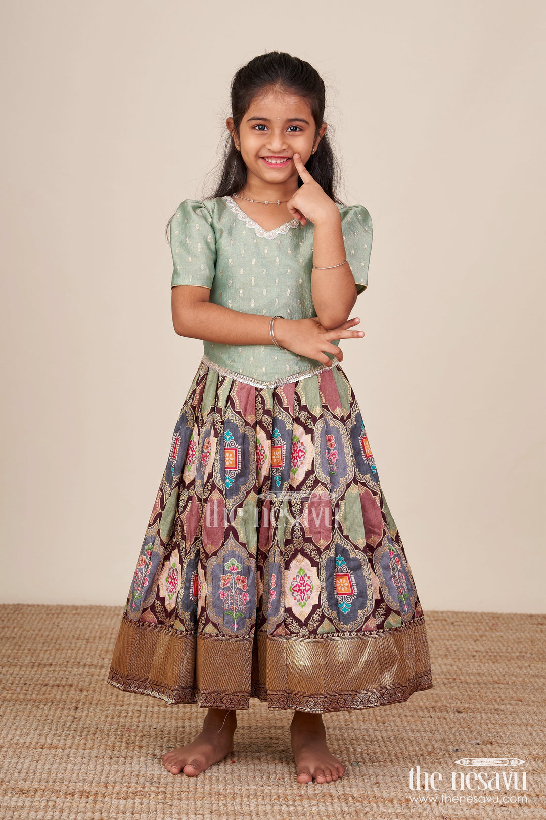 The Nesavu Pattu Pavadai Baby Girl Pattu Pavadai for Naming Ceremony and Traditional Wear Nesavu 16 (1Y) / Green GPP324A-16 Nesavu baby girl pattu pavadai Banaras silk skirt tissue yoke naming ceremonies