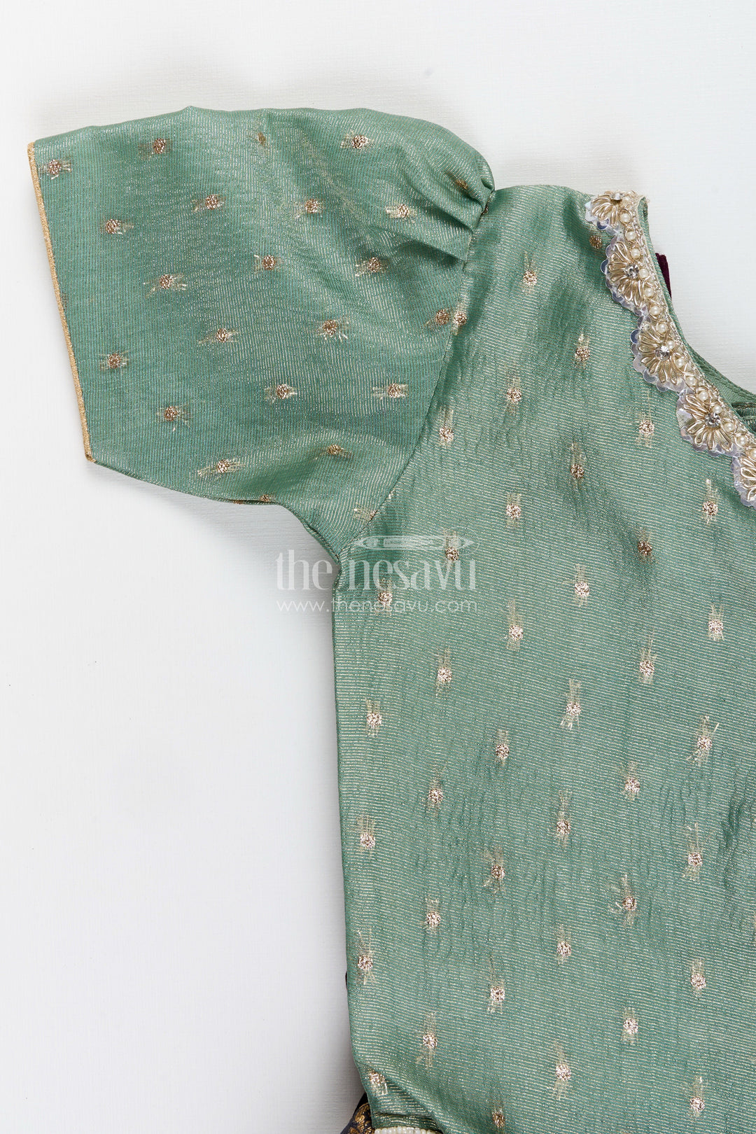 The Nesavu Pattu Pavadai Baby girl pattu pavadai for naming ceremony and traditional wear Nesavu Nesavu baby girl pattu pavadai Banaras silk skirt tissue yoke naming ceremonies