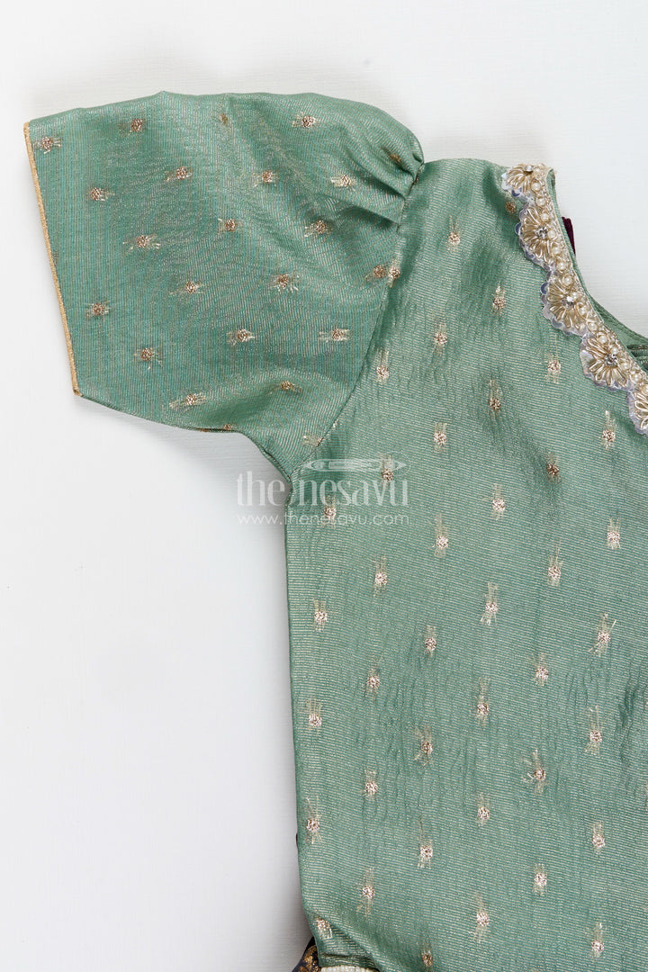 The Nesavu Pattu Pavadai Baby girl pattu pavadai for naming ceremony and traditional wear Nesavu Nesavu baby girl pattu pavadai Banaras silk skirt tissue yoke naming ceremonies