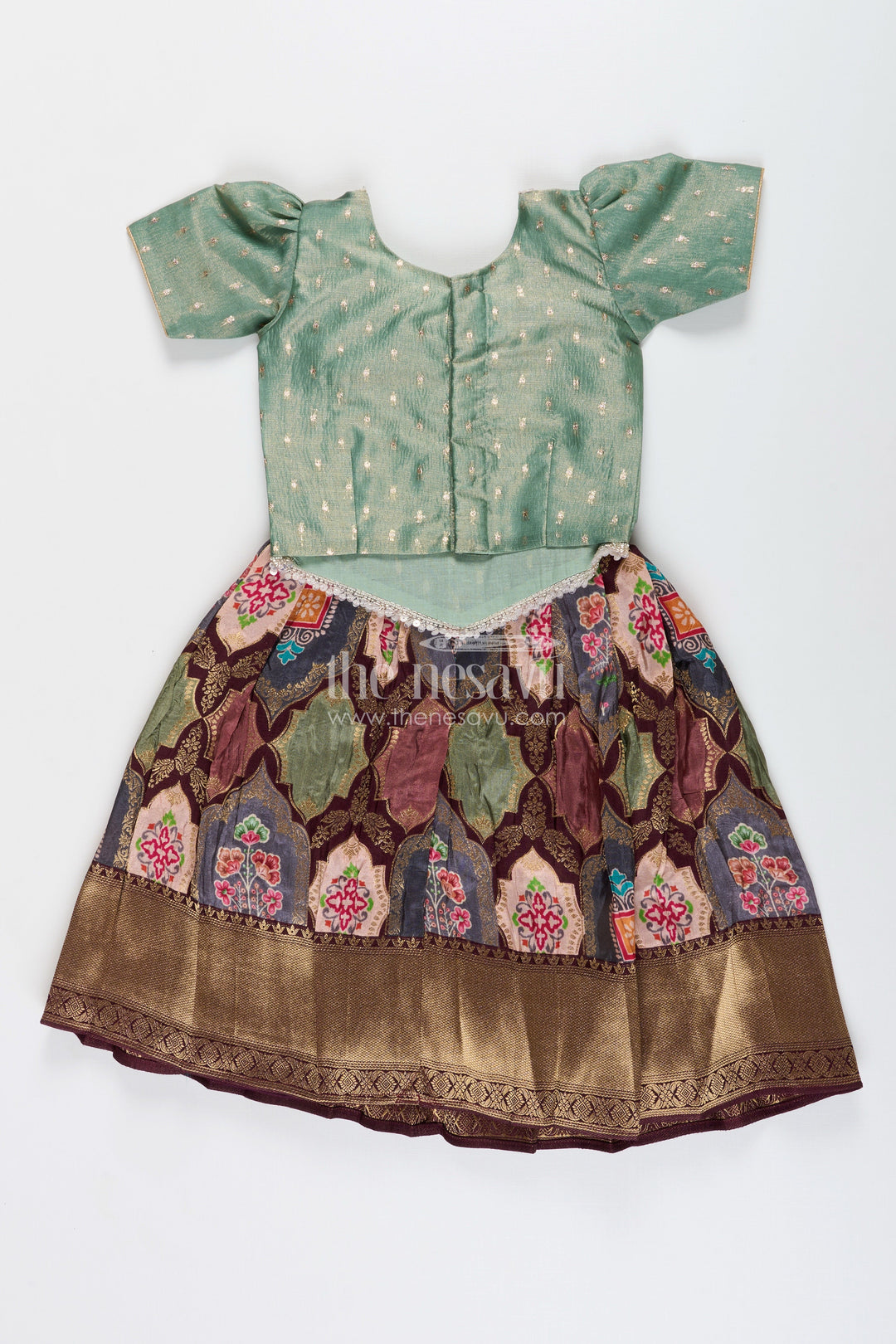 The Nesavu Pattu Pavadai Baby girl pattu pavadai for naming ceremony and traditional wear Nesavu Nesavu baby girl pattu pavadai Banaras silk skirt tissue yoke naming ceremonies