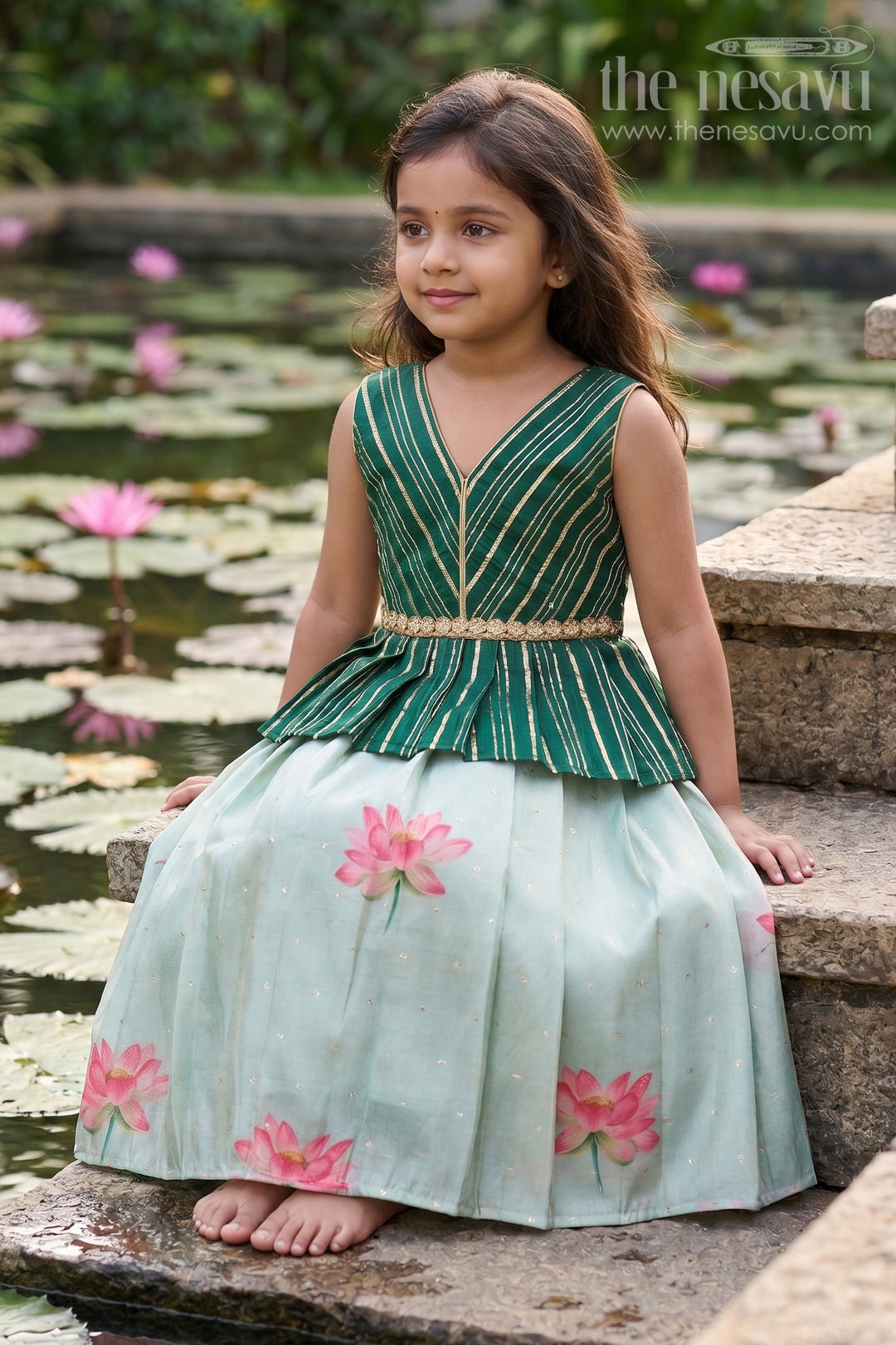 The Nesavu Pattu Pavadai Baby Girl Pattu Pavadai for Small Functions and Festive Dress Nesavu 18 (2Y) / Green / Semi Banarasi GPP388B-18 Nesavu Baby Girl Pattu Pavadai For Small Functions Semi Banaras Silk With Digital Print Festive Outfit