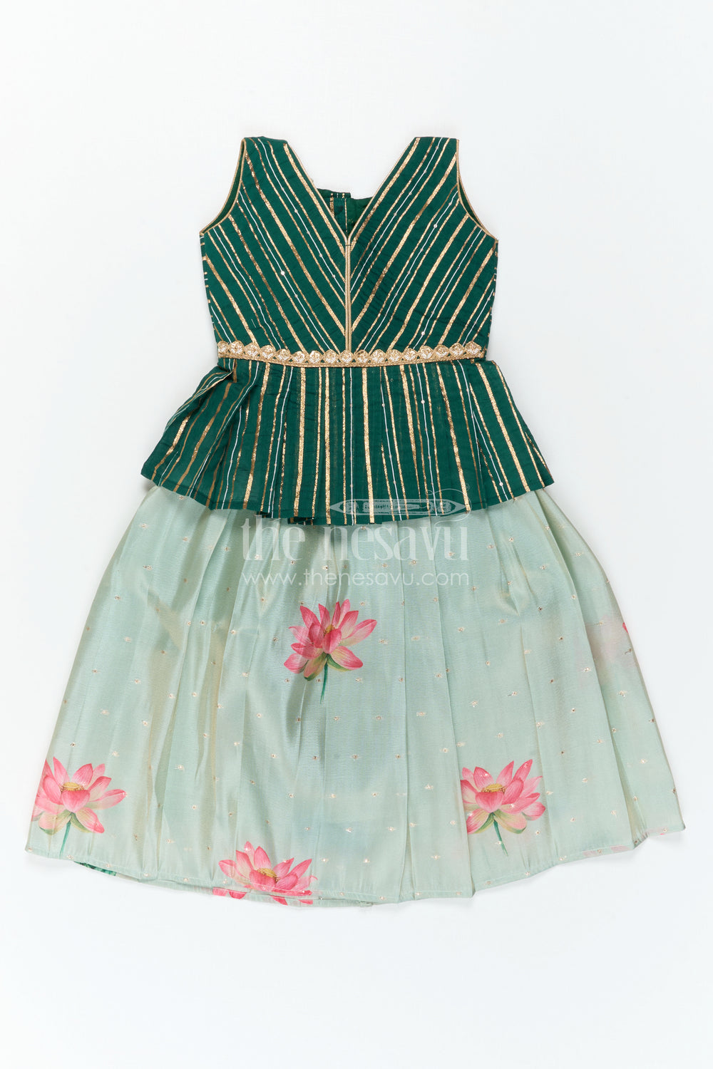 The Nesavu Pattu Pavadai Baby Girl Pattu Pavadai for Small Functions and Festive Dress Nesavu 18 (2Y) / Green / Semi Banarasi GPP388B-18 Nesavu Baby Girl Pattu Pavadai For Small Functions Semi Banaras Silk With Digital Print Festive Outfit