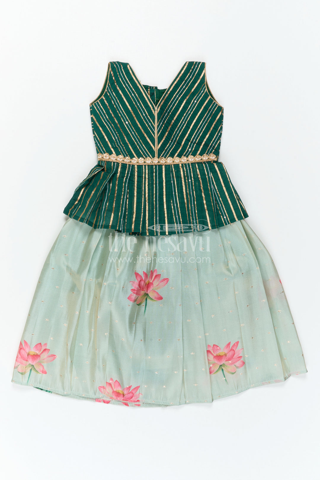 The Nesavu Pattu Pavadai Baby Girl Pattu Pavadai for Small Functions and Festive Dress Nesavu 18 (2Y) / Green / Semi Banarasi GPP388B-18 Nesavu Baby Girl Pattu Pavadai For Small Functions Semi Banaras Silk With Digital Print Festive Outfit
