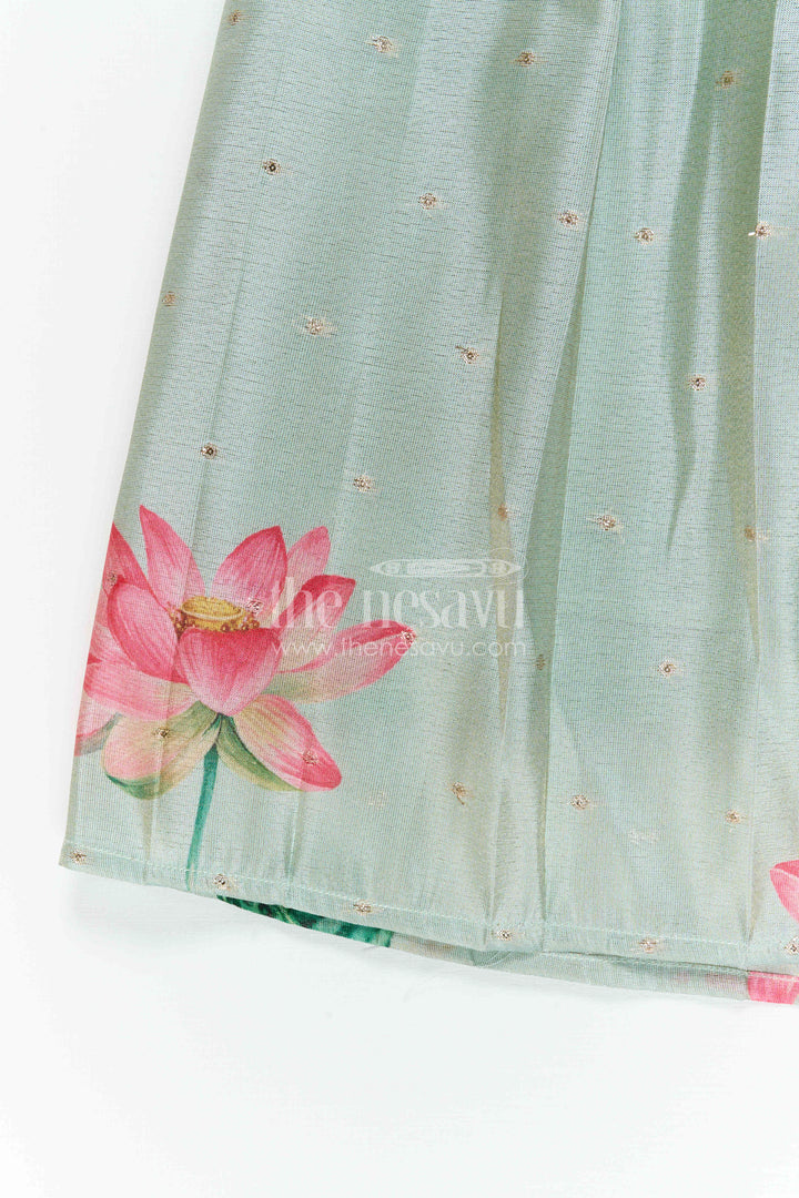 The Nesavu Pattu Pavadai Baby Girl Pattu Pavadai for Small Functions and Festive Dress Nesavu 18 (2Y) / Green / Semi Banarasi GPP388B-18 Nesavu Baby Girl Pattu Pavadai For Small Functions Semi Banaras Silk With Digital Print Festive Outfit