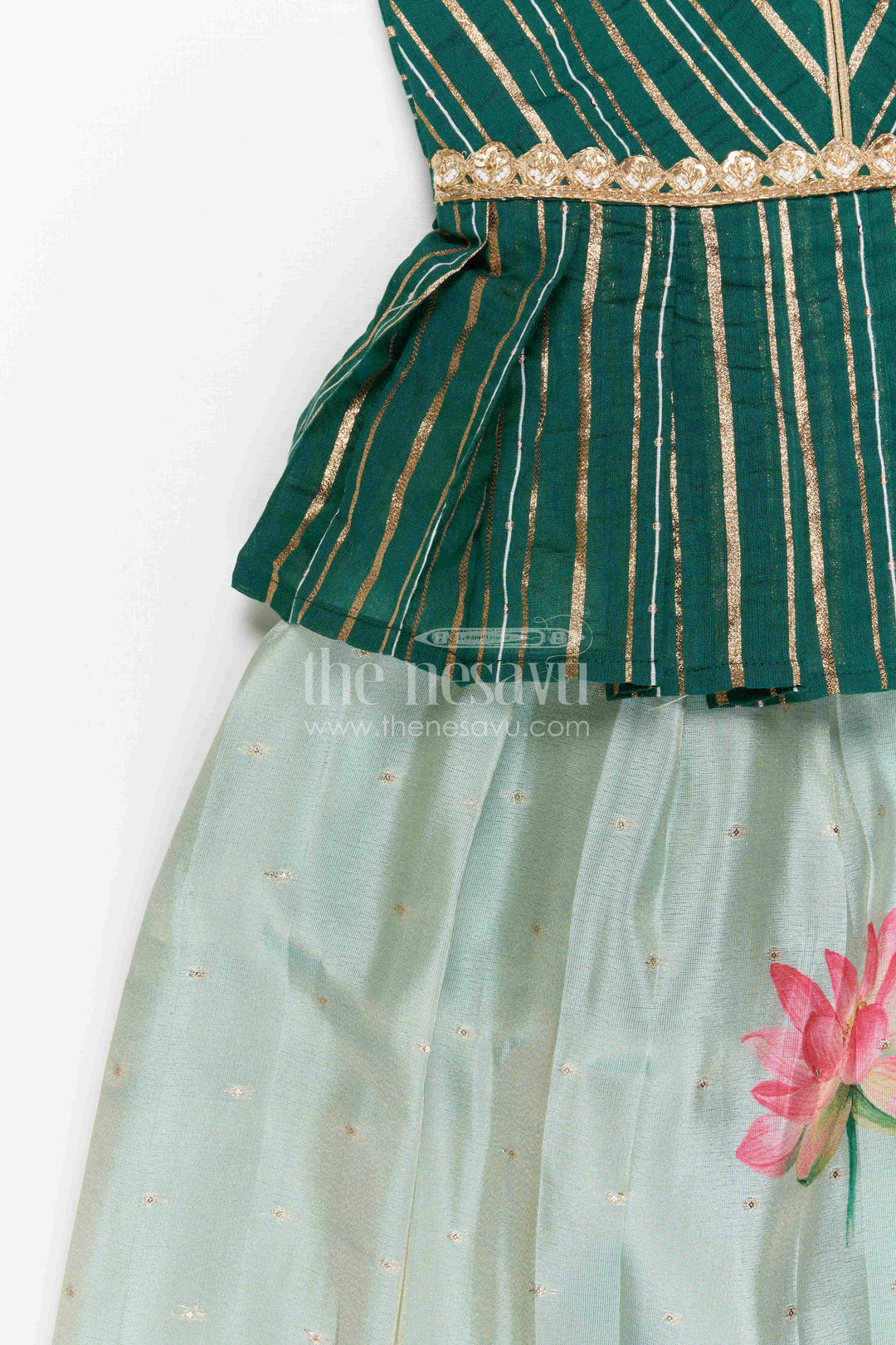 The Nesavu Pattu Pavadai Baby Girl Pattu Pavadai for Small Functions and Festive Dress Nesavu 18 (2Y) / Green / Semi Banarasi GPP388B-18 Nesavu Baby Girl Pattu Pavadai For Small Functions Semi Banaras Silk With Digital Print Festive Outfit
