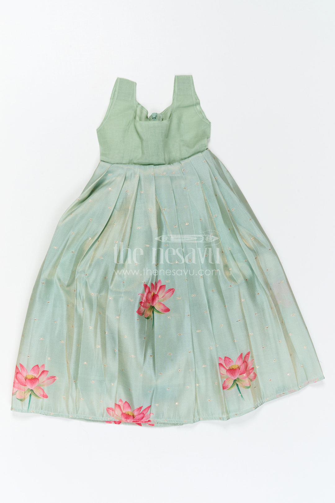 The Nesavu Pattu Pavadai Baby Girl Pattu Pavadai for Small Functions and Festive Dress Nesavu 18 (2Y) / Green / Semi Banarasi GPP388B-18 Nesavu Baby Girl Pattu Pavadai For Small Functions Semi Banaras Silk With Digital Print Festive Outfit