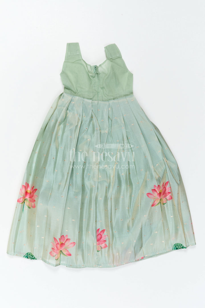 The Nesavu Pattu Pavadai Baby Girl Pattu Pavadai for Small Functions and Festive Dress Nesavu 18 (2Y) / Green / Semi Banarasi GPP388B-18 Nesavu Baby Girl Pattu Pavadai For Small Functions Semi Banaras Silk With Digital Print Festive Outfit