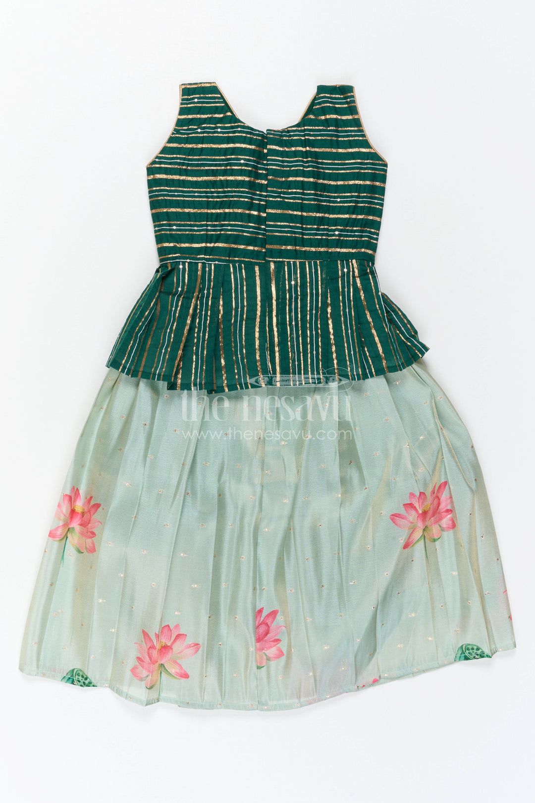 The Nesavu Pattu Pavadai Baby Girl Pattu Pavadai for Small Functions and Festive Dress Nesavu 18 (2Y) / Green / Semi Banarasi GPP388B-18 Nesavu Baby Girl Pattu Pavadai For Small Functions Semi Banaras Silk With Digital Print Festive Outfit
