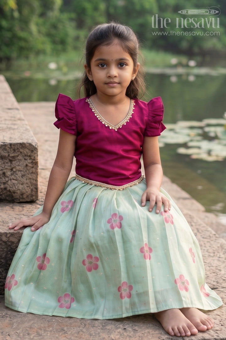 The Nesavu Pattu Pavadai Baby Girl Pattu Pavadai for Small Functions and Festive Wear Nesavu 18 (2Y) / Green / Semi Banarasi GPP389B-18 Nesavu Baby Girl Pattu Pavadai For Small Functions Semi Banaras Silk With Digital Print Ethnic Outfit