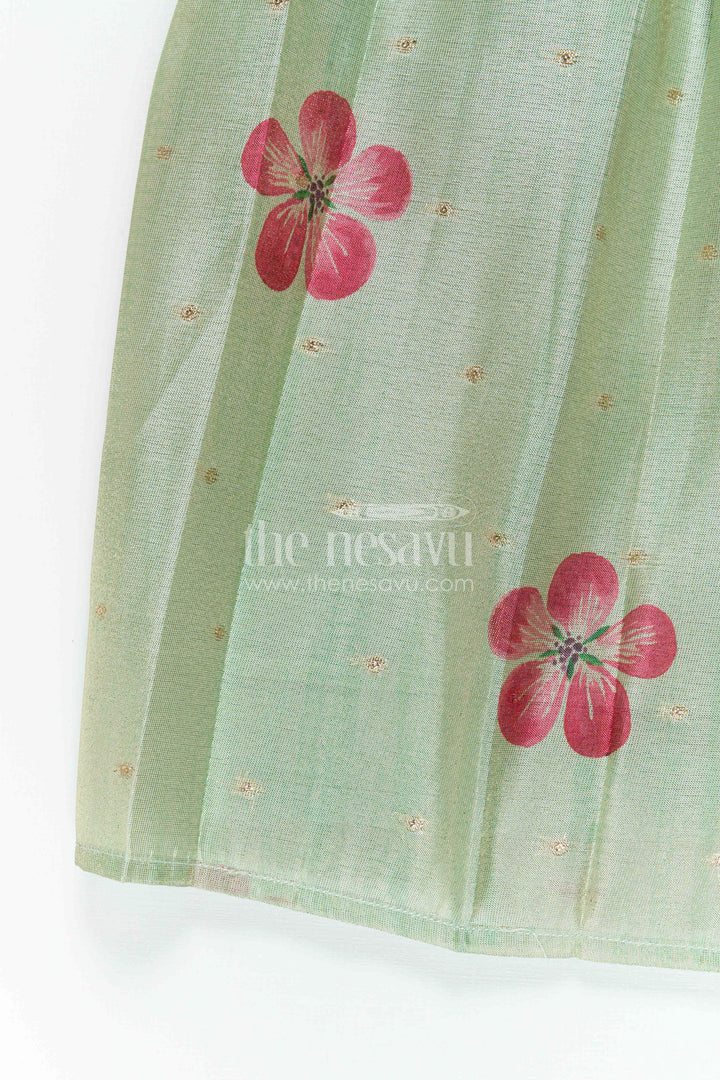 The Nesavu Pattu Pavadai Baby Girl Pattu Pavadai for Small Functions and Festive Wear Nesavu 18 (2Y) / Green / Semi Banarasi GPP389B-18 Nesavu Baby Girl Pattu Pavadai For Small Functions Semi Banaras Silk With Digital Print Ethnic Outfit