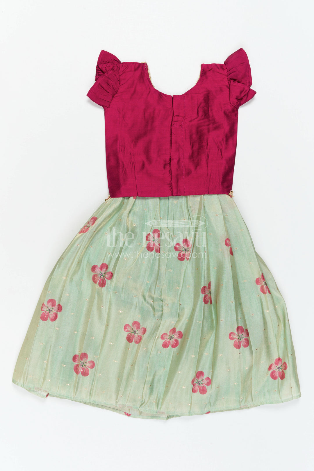 The Nesavu Pattu Pavadai Baby Girl Pattu Pavadai for Small Functions and Festive Wear Nesavu 18 (2Y) / Green / Semi Banarasi GPP389B-18 Nesavu Baby Girl Pattu Pavadai For Small Functions Semi Banaras Silk With Digital Print Ethnic Outfit