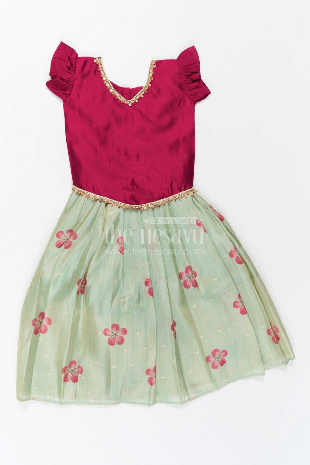 The Nesavu Pattu Pavadai Baby Girl Pattu Pavadai for Small Functions and Festive Wear Nesavu 18 (2Y) / Green / Semi Banarasi GPP389B-18 Nesavu Baby Girl Pattu Pavadai For Small Functions Semi Banaras Silk With Digital Print Ethnic Outfit