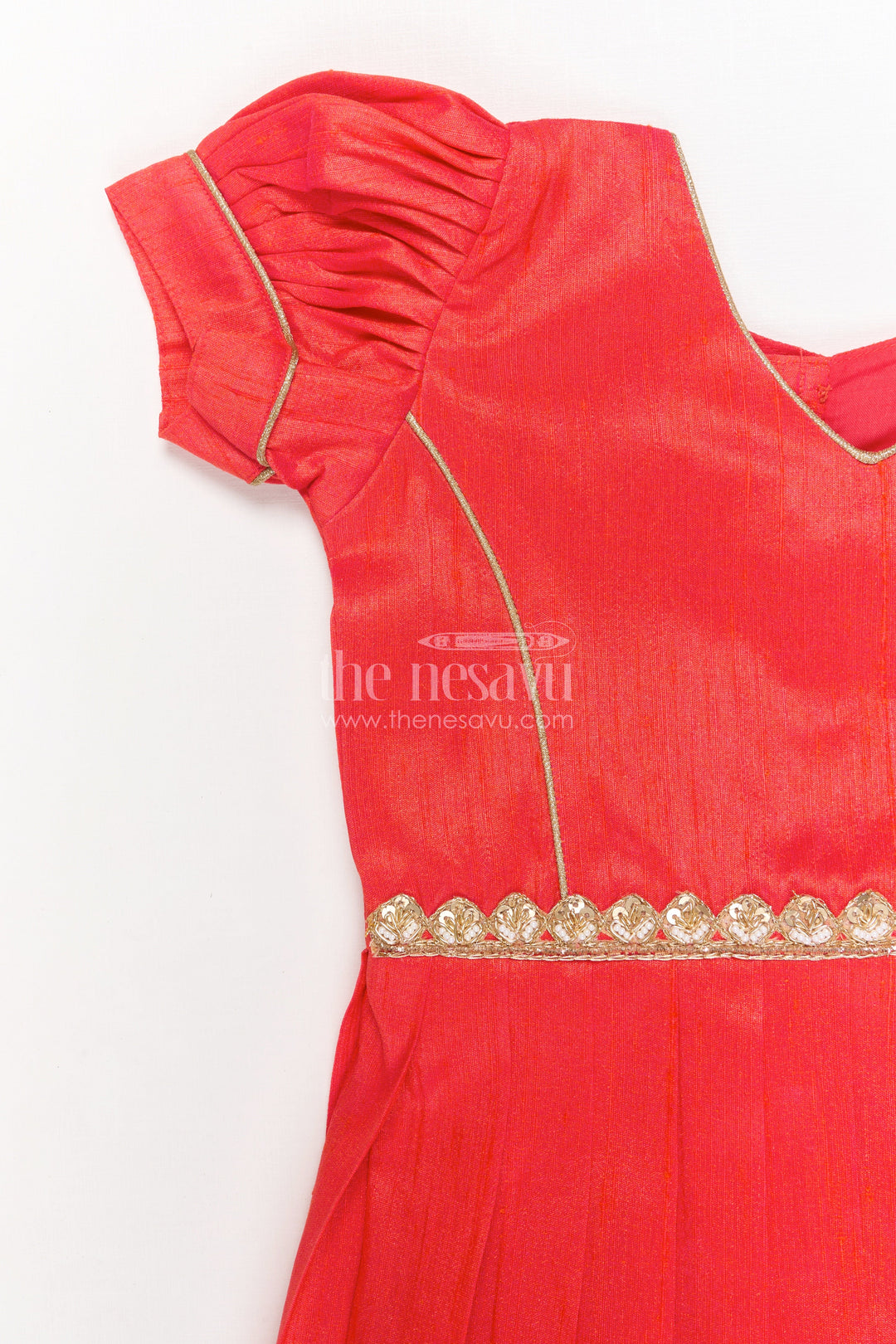 The Nesavu Pattu Pavadai Baby Girl Pattu Pavadai for Weddings and Festive Celebrations Nesavu Nesavu baby girl pattu pavadai with floral digital print skirt and pleated puff sleeve blouse