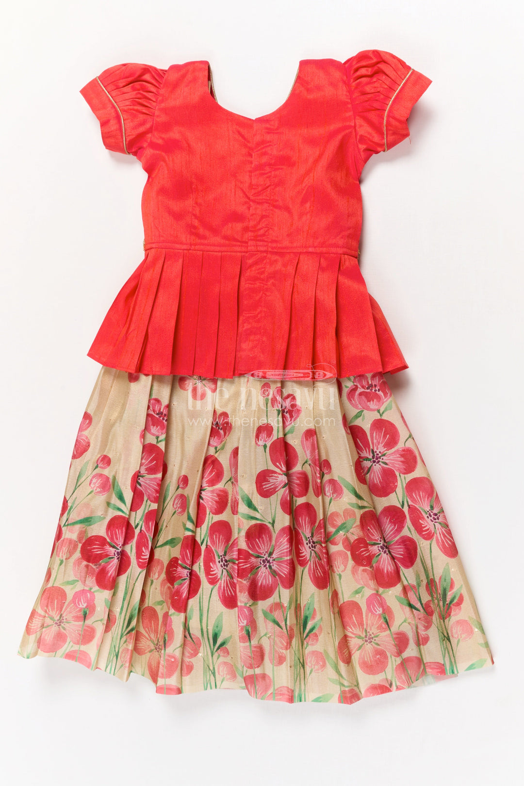 The Nesavu Pattu Pavadai Baby Girl Pattu Pavadai for Weddings and Festive Celebrations Nesavu Nesavu baby girl pattu pavadai with floral digital print skirt and pleated puff sleeve blouse