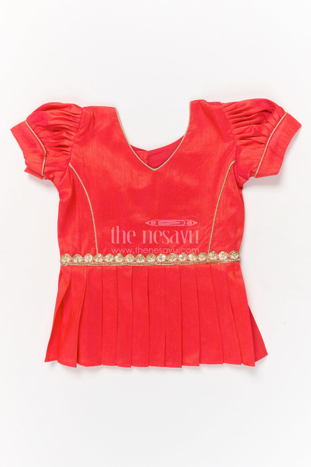 The Nesavu Pattu Pavadai Baby Girl Pattu Pavadai for Weddings and Festive Celebrations Nesavu Nesavu baby girl pattu pavadai with floral digital print skirt and pleated puff sleeve blouse